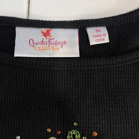 Quacker Factory Rhinestone Pumpkin Black Waffle Knit Long Sleeve Tee Size 3X - Picture 10 of 12